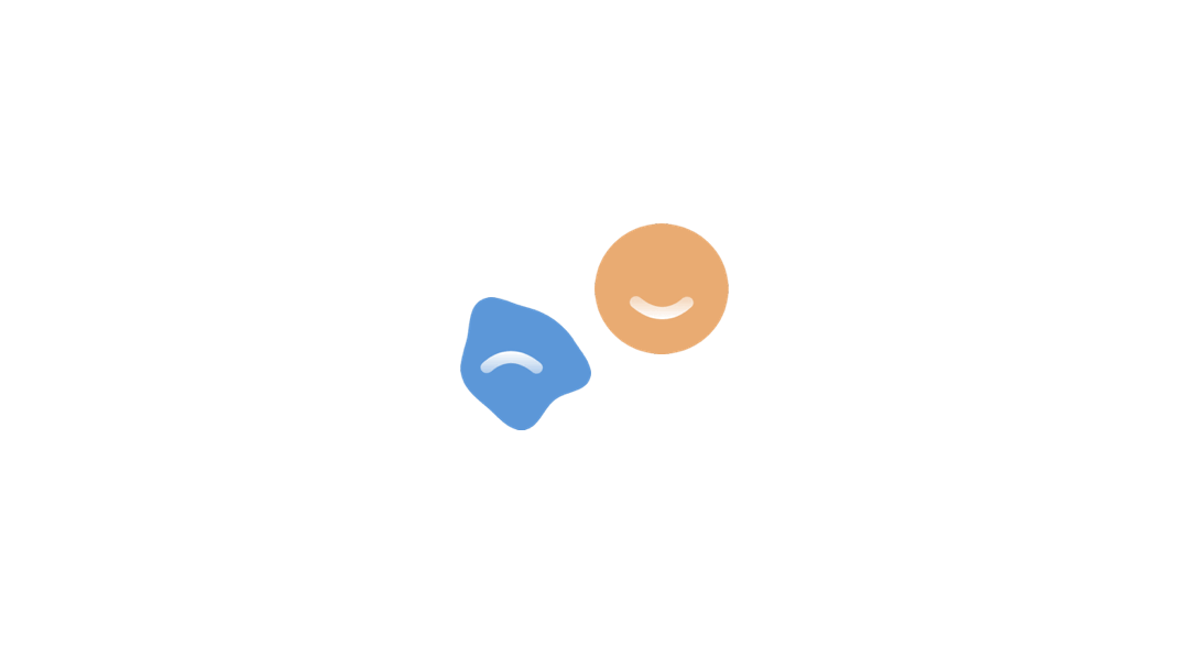 Orange and blue emojis have happy and sad expressions. Bimo, Feel, write, discover